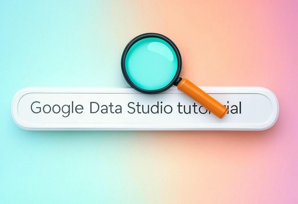 A search bar and a magnifying glass with a vivid gradient background exploring the topic of Discover our Google Data Studio tutorial that transforms complex data into stunning visuals in minutes! Learn insider tricks to create impressive dashboards even beginners can master. Click for data magic!