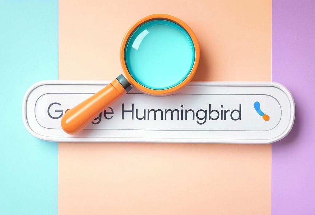 A search bar and a magnifying glass with a vivid gradient background exploring the topic of Google Hummingbird revolutionized search by understanding what you actually mean, not just what you type. Discover how this algorithm update makes your SEO efforts soar while delivering better results.