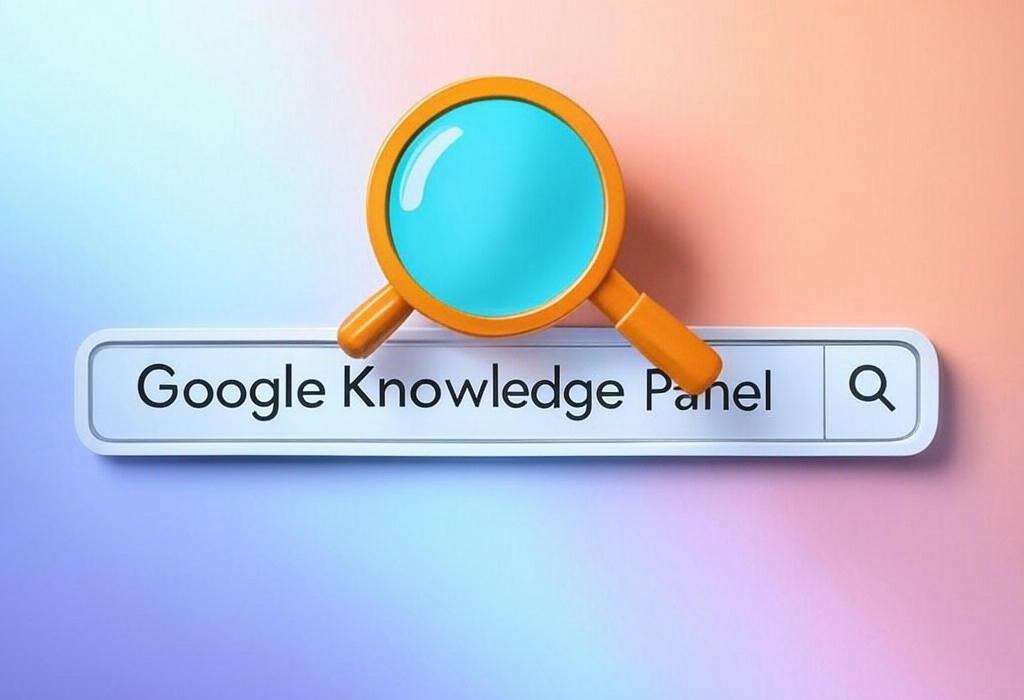 A search bar and a magnifying glass with a vivid gradient background exploring the topic of Google Knowledge Panel: Unlock the secret to gaining this coveted sidebar display that boosts your brand's credibility and visibility. Learn how to claim, optimize, and leverage this powerful SERP feature!