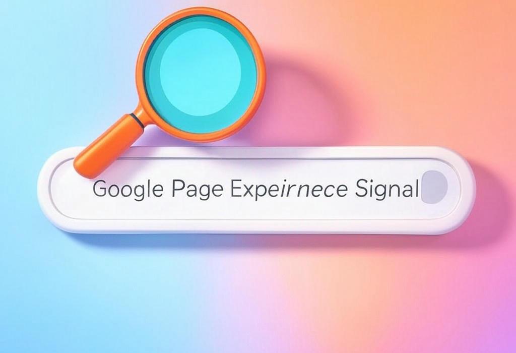 A search bar and a magnifying glass with a vivid gradient background exploring the topic of Google Page Experience Signal impacts how visitors feel about your site. Learn how to boost rankings with better load times, mobile optimization, and user-friendly pages that convert more visitors into customers.