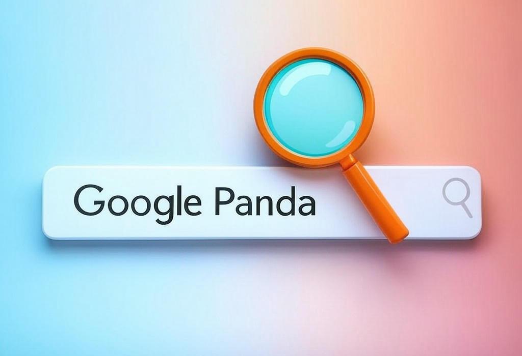 A search bar and a magnifying glass with a vivid gradient background exploring the topic of Google Panda revolutionized how websites rank. Learn how this algorithm update targets low-quality content and rewards valuable pages. Don't risk your site's visibility, discover the key factors now!
