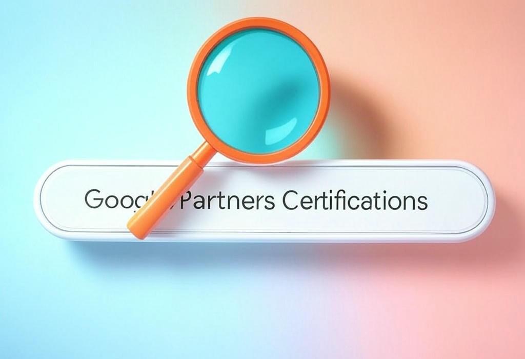 A search bar and a magnifying glass with a vivid gradient background exploring the topic of Get Google Partners Certifications and unlock exclusive benefits! Learn insider tips to pass your exams with flying colors and boost your digital marketing credentials today.