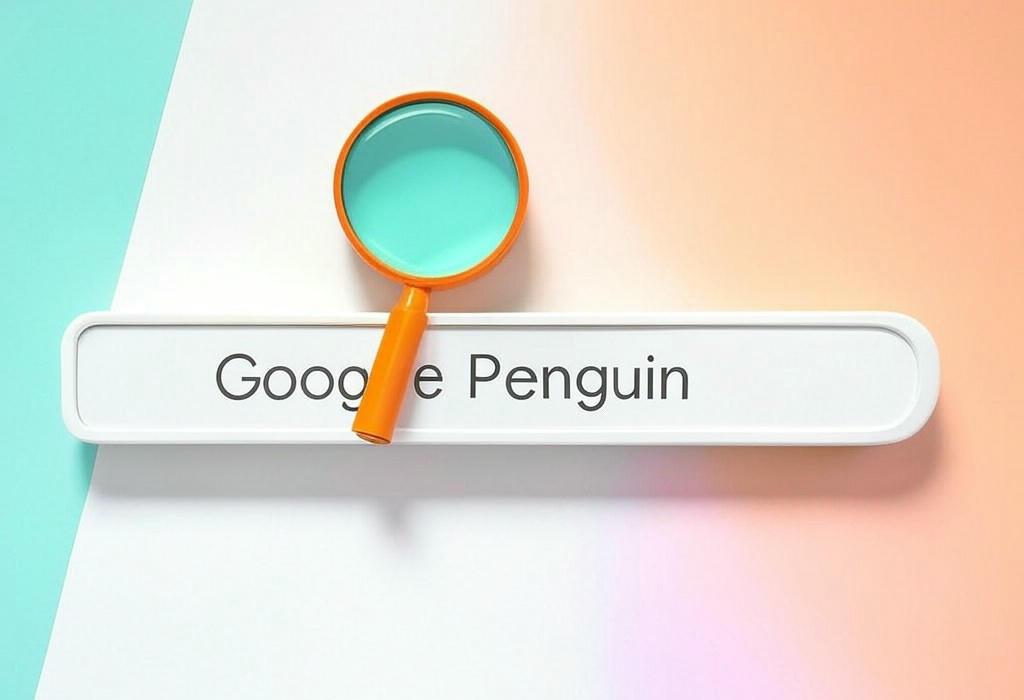 A search bar and a magnifying glass with a vivid gradient background exploring the topic of Google Penguin hunts down spammy links like a digital detective. Find out how this algorithm update changed SEO forever and what you need to do to stay on Google's good side.
