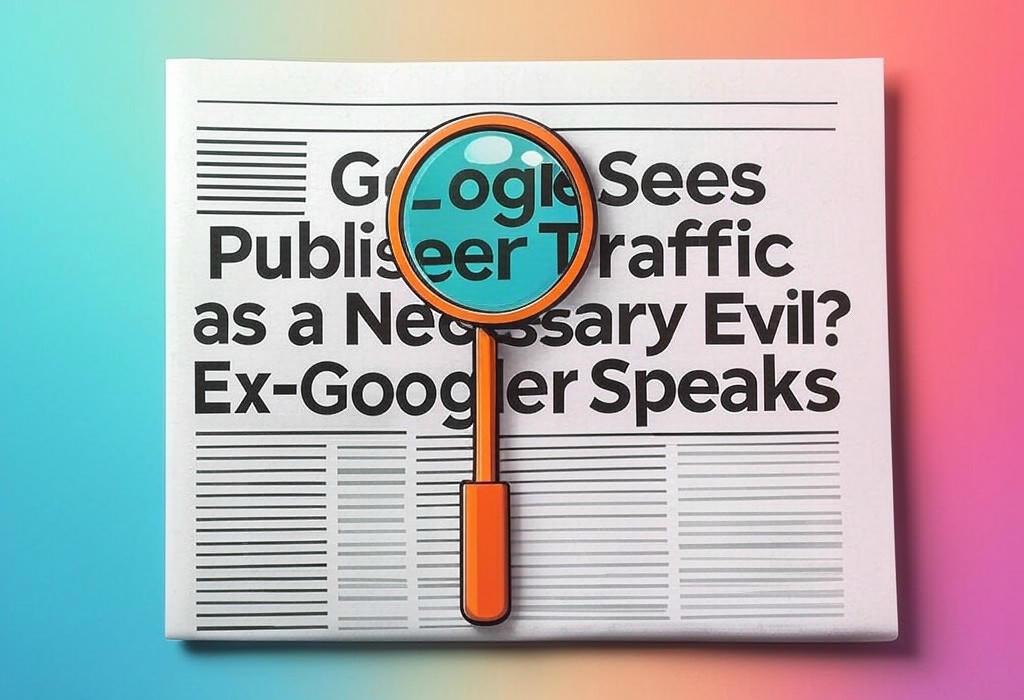 A newspaper and a magnifying glass with a vivid gradient background exploring the topic of Google's dirty secret? Ex-Googler spills the beans: Google sees publisher traffic as a 