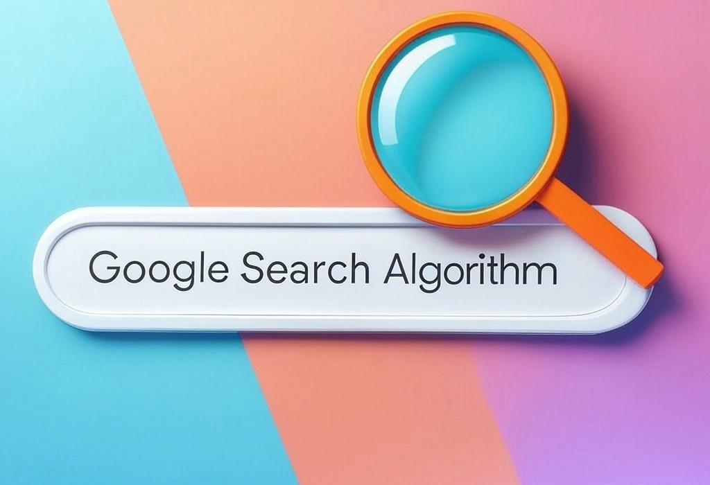 A search bar and a magnifying glass with a vivid gradient background exploring the topic of Google Search Algorithm revealed: Discover the hidden secrets behind rankings that 90% of website owners miss. Learn how to optimize your site and get the traffic you deserve!