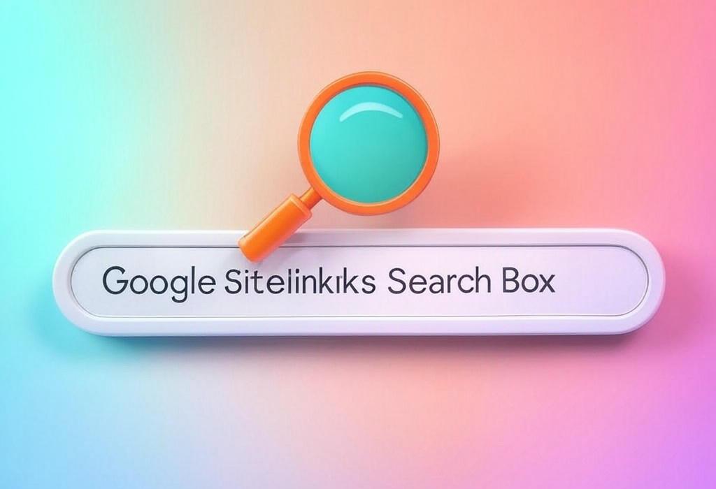 A search bar and a magnifying glass with a vivid gradient background exploring the topic of Google Sitelinks Search Box: Unlock hidden search powers on your website! Boost user experience and increase traffic with this clever feature. See how easy it is to implement today.