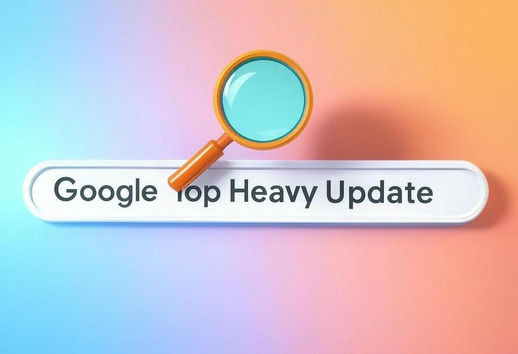 A search bar and a magnifying glass with a vivid gradient background exploring the topic of Google Top Heavy Update penalized sites stuffed with too many ads above the fold. Learn how to avoid this penalty and create better user experiences that keep both visitors and Google happy!