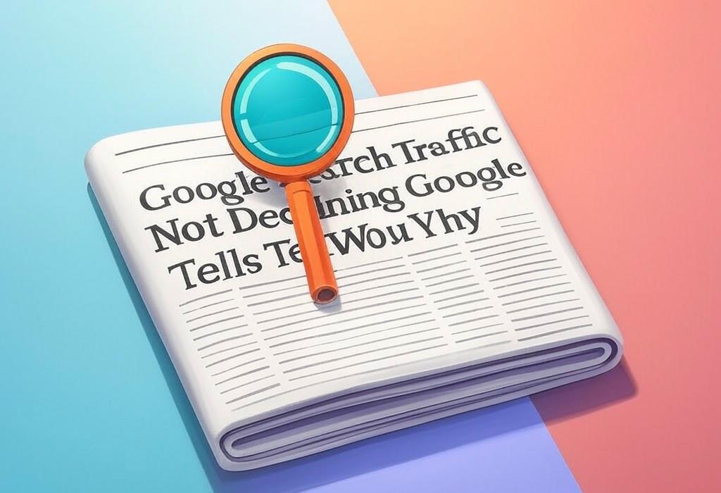 A newspaper and a magnifying glass with a vivid gradient background exploring the topic of Google disputes search traffic decline rumors! Are they losing their grip or is it just talk? Hear Google's side and get the real story.