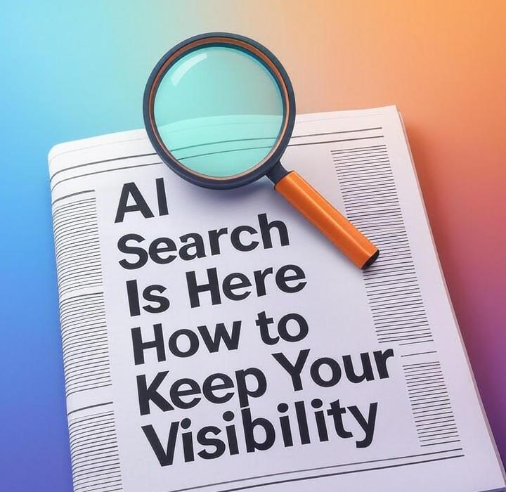 A newspaper and a magnifying glass with a vivid gradient background exploring the topic of Is AI search a threat to your traffic? Learn how to stay visible and future-proof your SEO. Get the simple, expert strategies you need to adapt before it's too late.