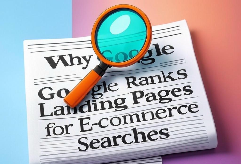 A newspaper and a magnifying glass with a vivid gradient background exploring the topic of Landing page outranking product pages? Google finally reveals why this happens for e-commerce searches. See the surprising reason!