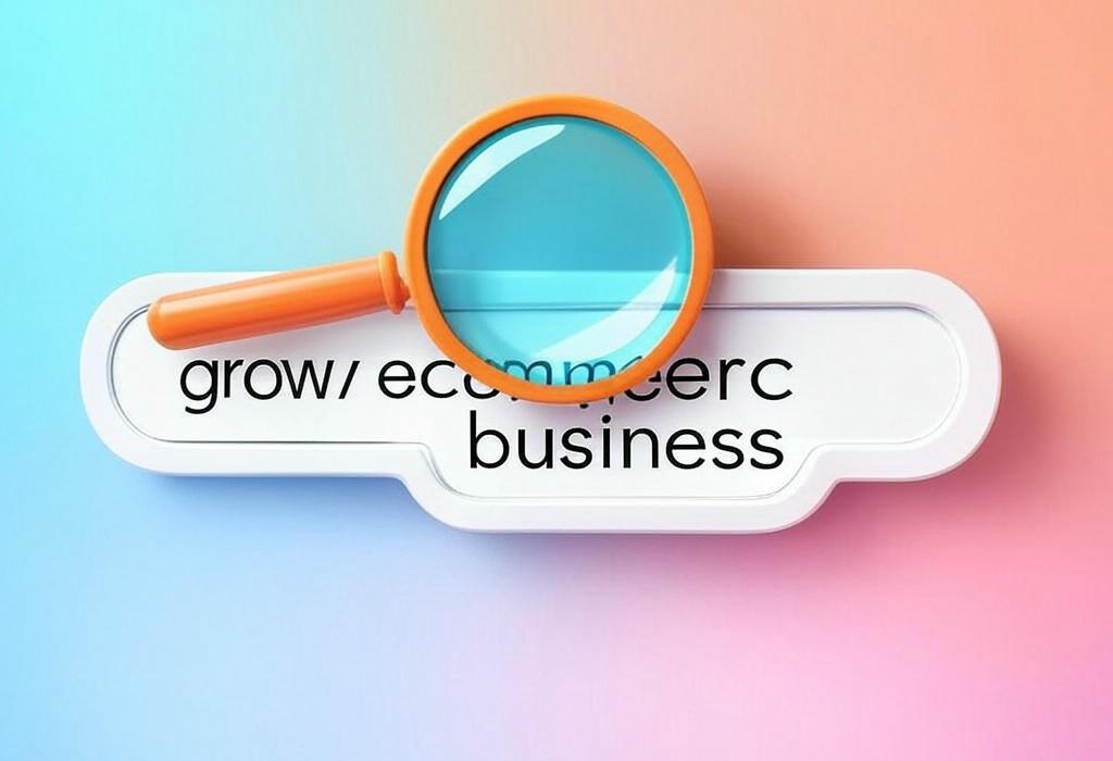 A search bar and a magnifying glass with a vivid gradient background exploring the topic of Grow ecommerce business rapidly with proven strategies that boost sales and crush competition. Unlock secrets to scalable success without breaking the bank!