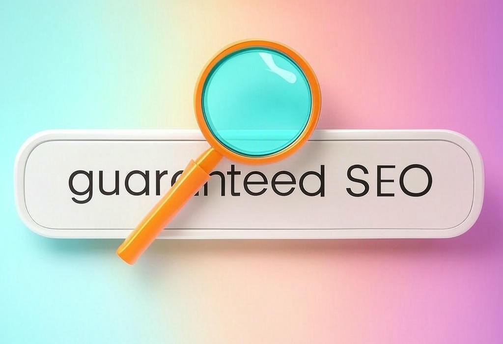 A search bar and a magnifying glass with a vivid gradient background exploring the topic of Guaranteed SEO doesn't exist, but real results do. Discover proven strategies that actually drive traffic and boost rankings without empty promises. Take control of your online visibility today!