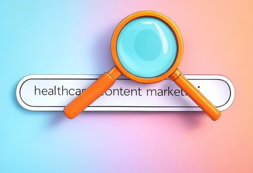A search bar and a magnifying glass with a vivid gradient background exploring the topic of Healthcare content marketing strategies to boost patient engagement and grow your medical practice. Discover expert tips for creating trusted, valuable content that converts.