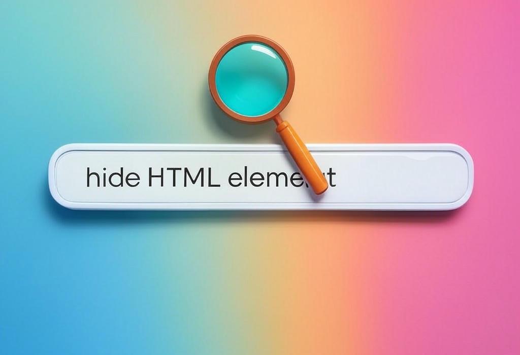 A search bar and a magnifying glass with a vivid gradient background exploring the topic of Discover how to hide HTML elements like a pro! From display:none to visibility tricks, these simple methods will transform your web design without breaking your code. Click for expert tips!