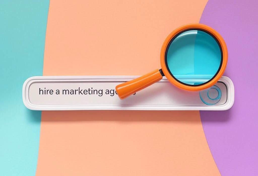 A search bar and a magnifying glass with a vivid gradient background exploring the topic of Hire a marketing agency that turns your business goals into reality! Discover insider secrets to finding the perfect team without wasting money on false promises. Ready to skyrocket your growth?
