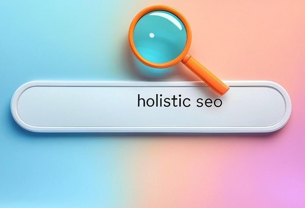 A search bar and a magnifying glass with a vivid gradient background exploring the topic of Holistic SEO goes beyond keywords to boost your entire online presence. Discover how this comprehensive approach can dramatically increase your visibility and drive more qualified traffic to your website.