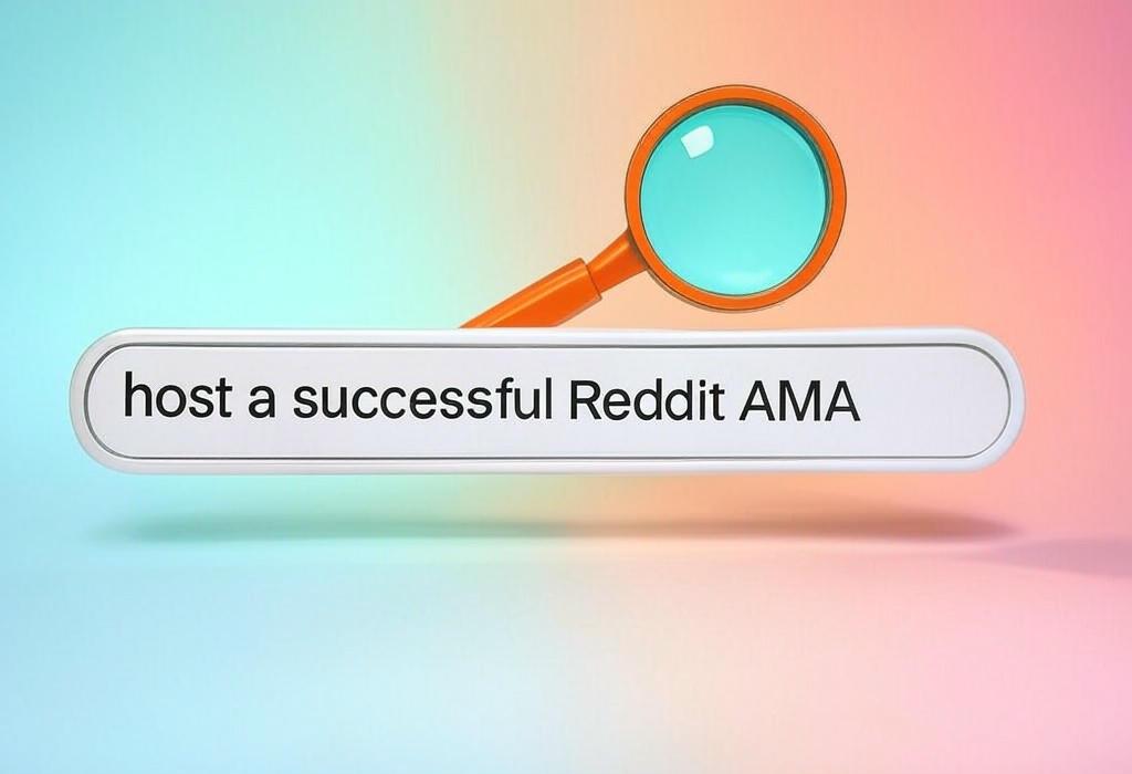 A search bar and a magnifying glass with a vivid gradient background exploring the topic of Host a successful Reddit AMA with our insider tips! Learn how to engage the community, answer tough questions, and turn your Q&A session into a viral hit that boosts your brand's visibility online.