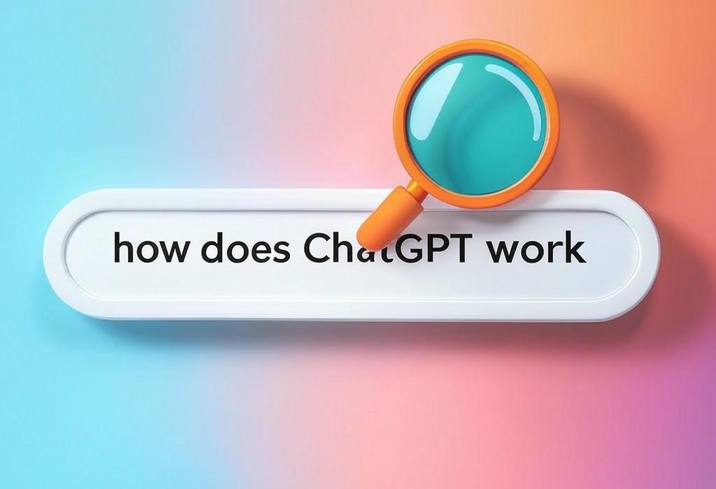 A search bar and a magnifying glass with a vivid gradient background exploring the topic of How does ChatGPT work? Uncover the secrets behind this AI marvel that can write essays, code, and even jokes. Peek behind the curtain of digital intelligence!