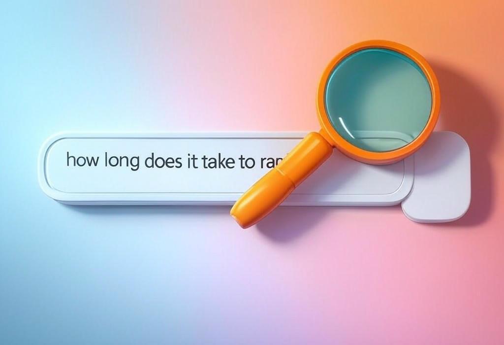 A search bar and a magnifying glass with a vivid gradient background exploring the topic of How long does it take to rank your website? Discover the real timeline for SEO success and the secret factors that can speed up your journey to the top of search results.
