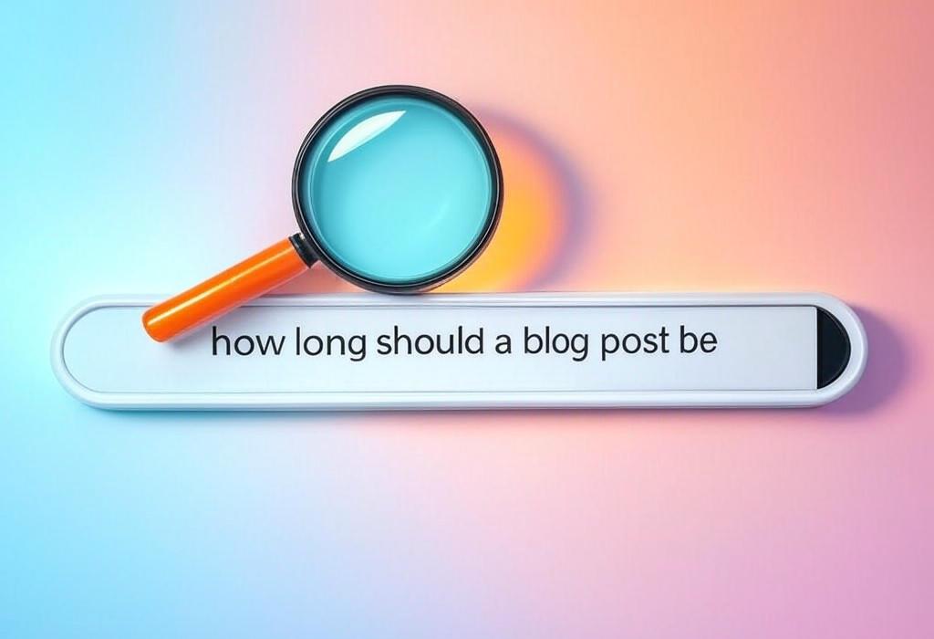A search bar and a magnifying glass with a vivid gradient background exploring the topic of How long should a blog post be to captivate readers and rank higher? Discover the ideal word count for your niche and get more traffic without writing unnecessary fluff.