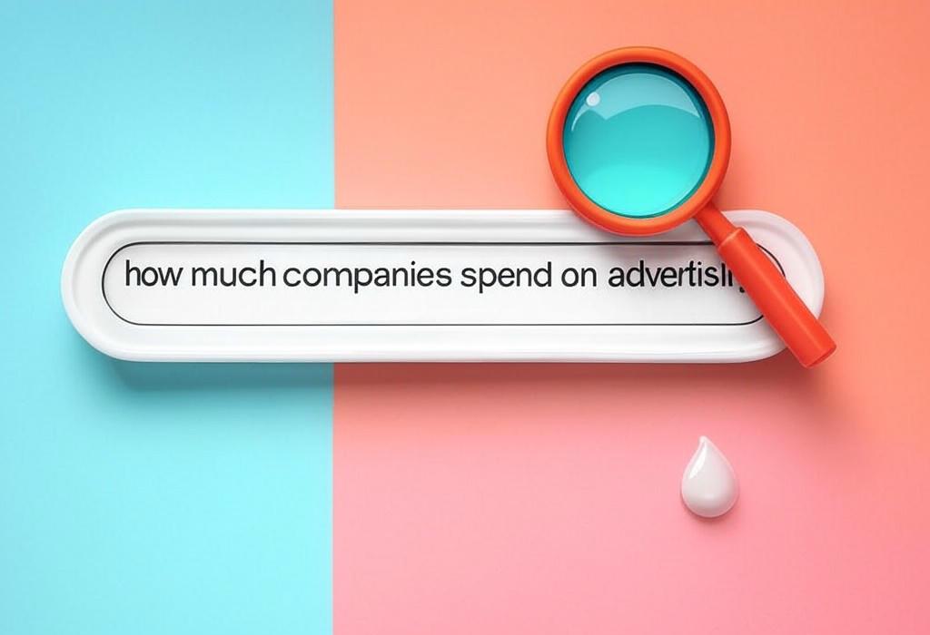 A search bar and a magnifying glass with a vivid gradient background exploring the topic of How much companies spend on advertising varies wildly, but our study reveals shocking numbers. See the benchmarks and learn if you're overpaying or missing opportunities!