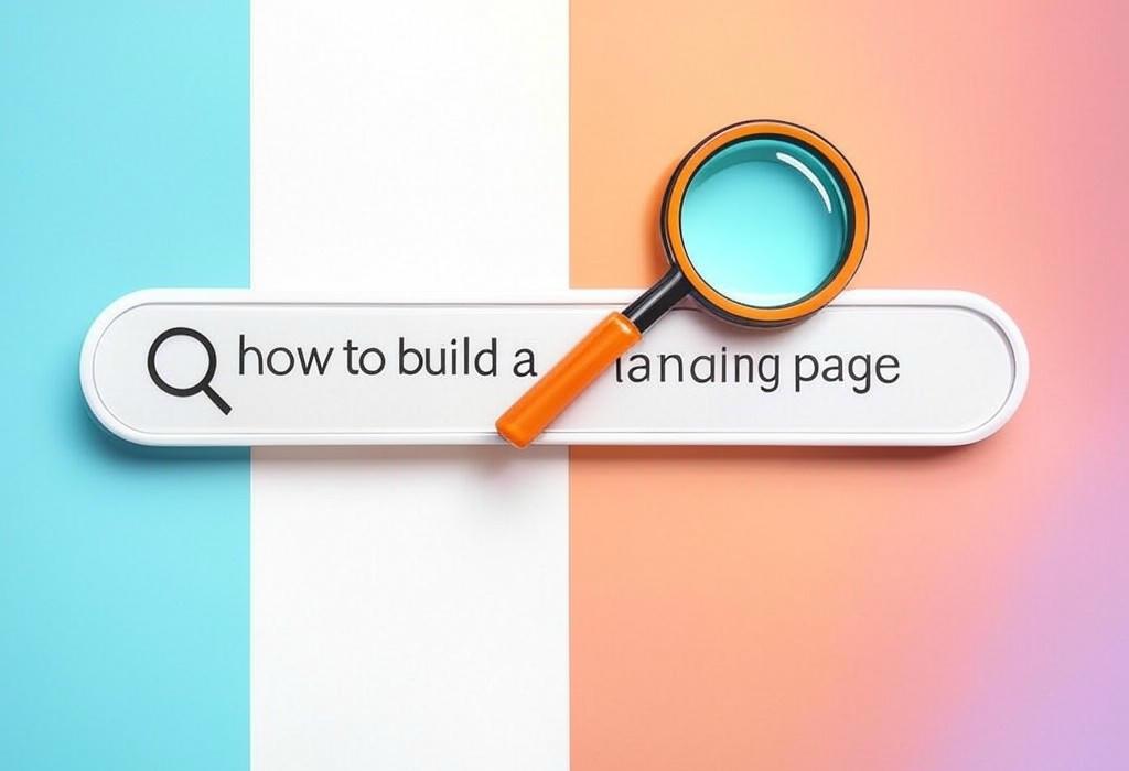 A search bar and a magnifying glass with a vivid gradient background exploring the topic of Learn how to build a landing page that converts visitors into customers. Simple steps, proven tactics, and expert secrets to create pages that grab attention and drive action!