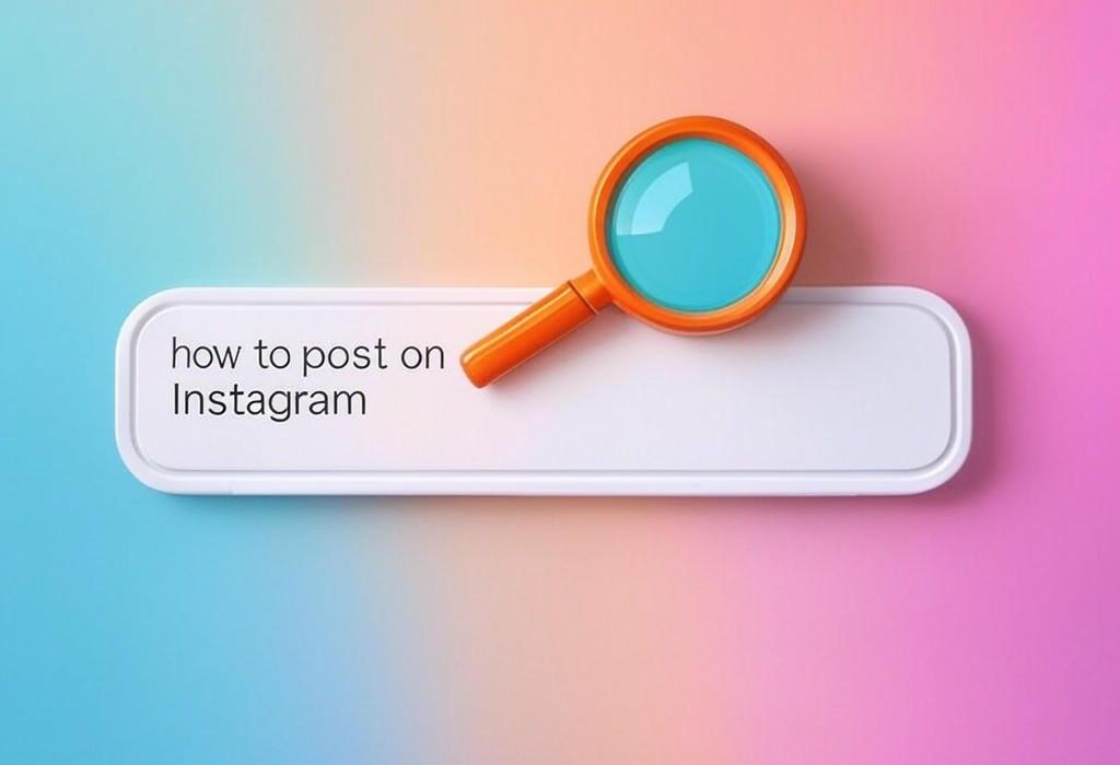 A search bar and a magnifying glass with a vivid gradient background exploring the topic of Learn how to post on Instagram like a pro! Discover insider tips, tricks, and shortcuts that'll help your content stand out and get more engagement. Master the platform today.
