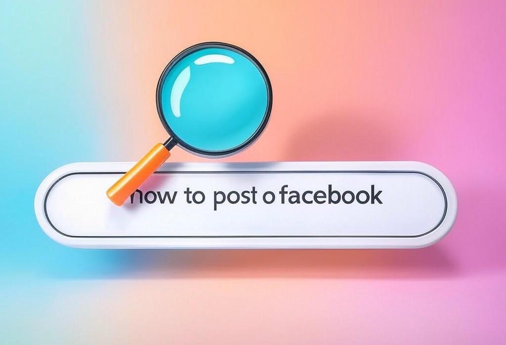 A search bar and a magnifying glass with a vivid gradient background exploring the topic of Learn how to post on Facebook with our step-by-step guide. From eye-catching images to engaging text, master the secrets that make your content stand out and get more likes, comments and shares!
