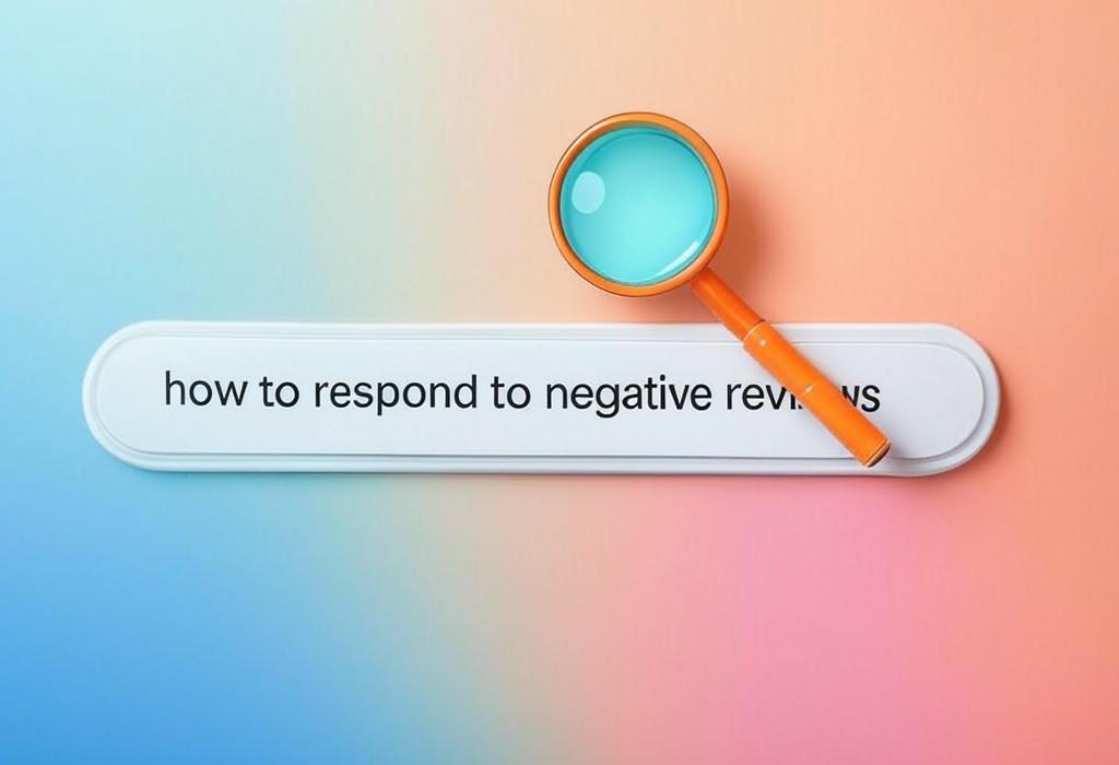 A search bar and a magnifying glass with a vivid gradient background exploring the topic of Learn how to respond to negative reviews in a way that turns angry customers into loyal fans. Transform criticism into opportunity with our proven tactics!