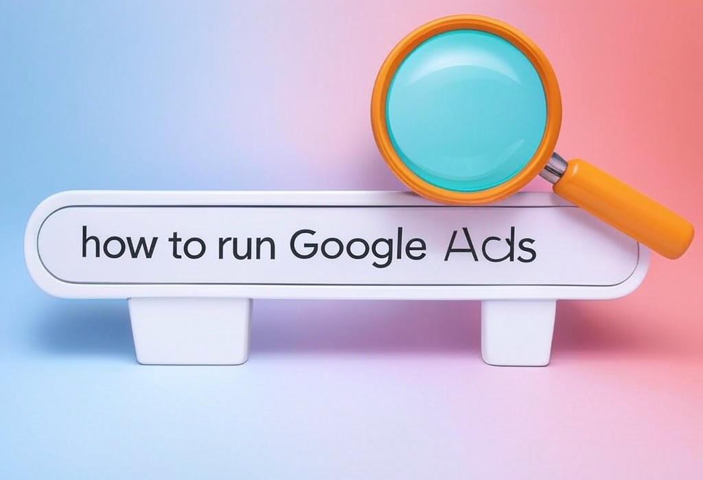 A search bar and a magnifying glass with a vivid gradient background exploring the topic of Learn how to run Google Ads effectively with our step-by-step guide. Master campaign setup, targeting, and budgeting to maximize ROI and outshine competitors without breaking the bank!
