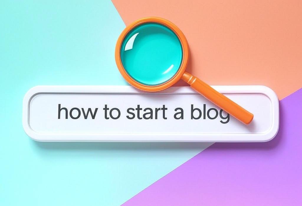 A search bar and a magnifying glass with a vivid gradient background exploring the topic of Learn how to start a blog and turn your ideas into a thriving online presence. Follow our simple steps to create content that attracts readers, builds your brand, and might even make you money.