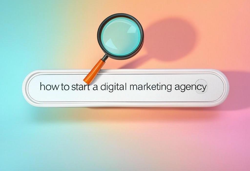 A search bar and a magnifying glass with a vivid gradient background exploring the topic of Learn how to start a digital marketing agency that actually succeeds! Discover insider secrets, avoid costly mistakes, and build a profitable business without wasting time or money.