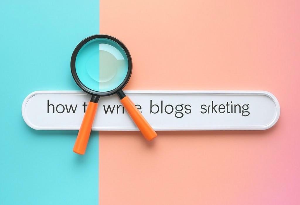 A search bar and a magnifying glass with a vivid gradient background exploring the topic of Learn how to write blogs for marketing that actually get read. Our insider secrets turn boring posts into engagement magnets. No fluff, just results!