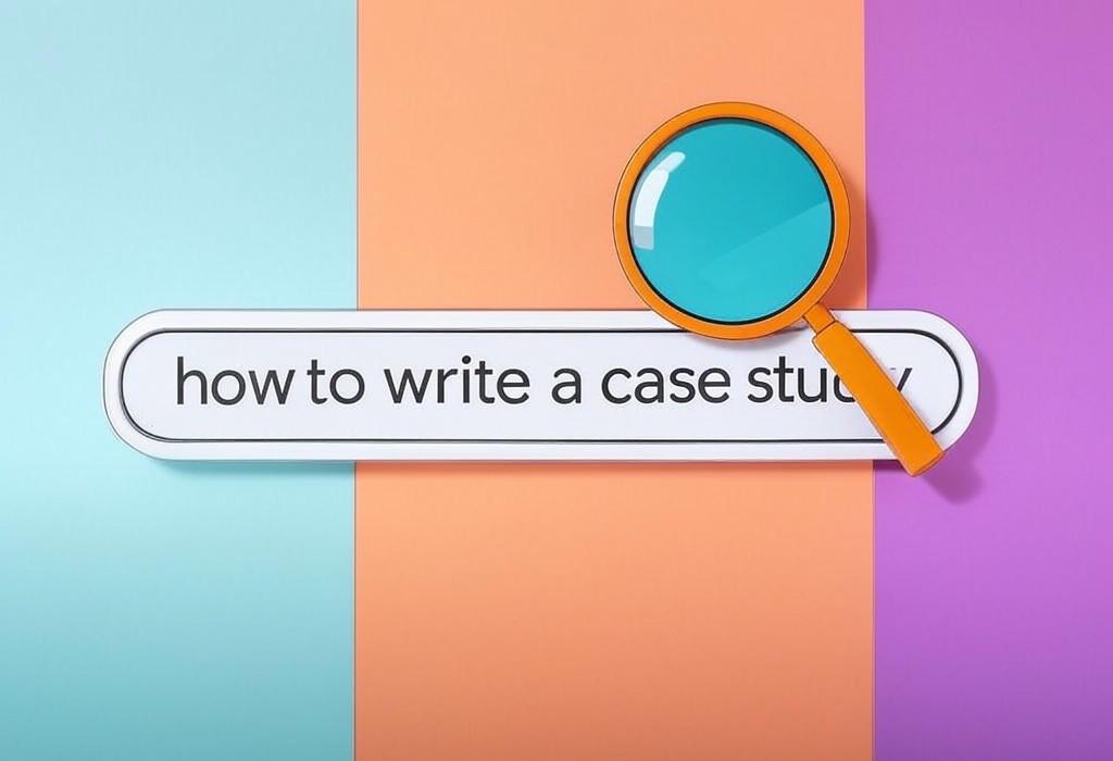 A search bar and a magnifying glass with a vivid gradient background exploring the topic of Learn how to write a case study that captivates readers and drives results. Our expert guide reveals proven formulas, compelling formats, and insider tips to showcase your success stories effectively.