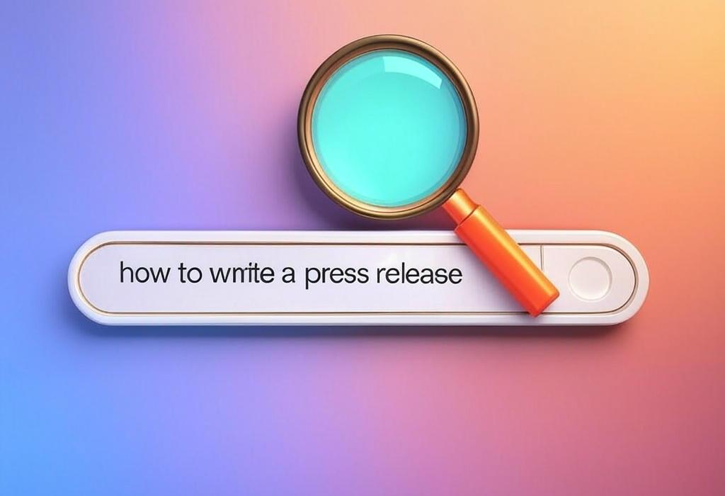A search bar and a magnifying glass with a vivid gradient background exploring the topic of Learn how to write a press release that grabs attention and gets coverage. Discover insider tips, templates, and examples to craft newsworthy announcements that journalists can't ignore.