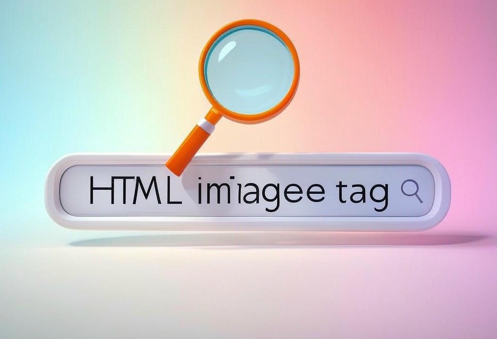 A search bar and a magnifying glass with a vivid gradient background exploring the topic of Learn HTML image tags quickly and easily! Master essential attributes, accessibility best practices, and responsive techniques to make your website visually stunning and user-friendly.