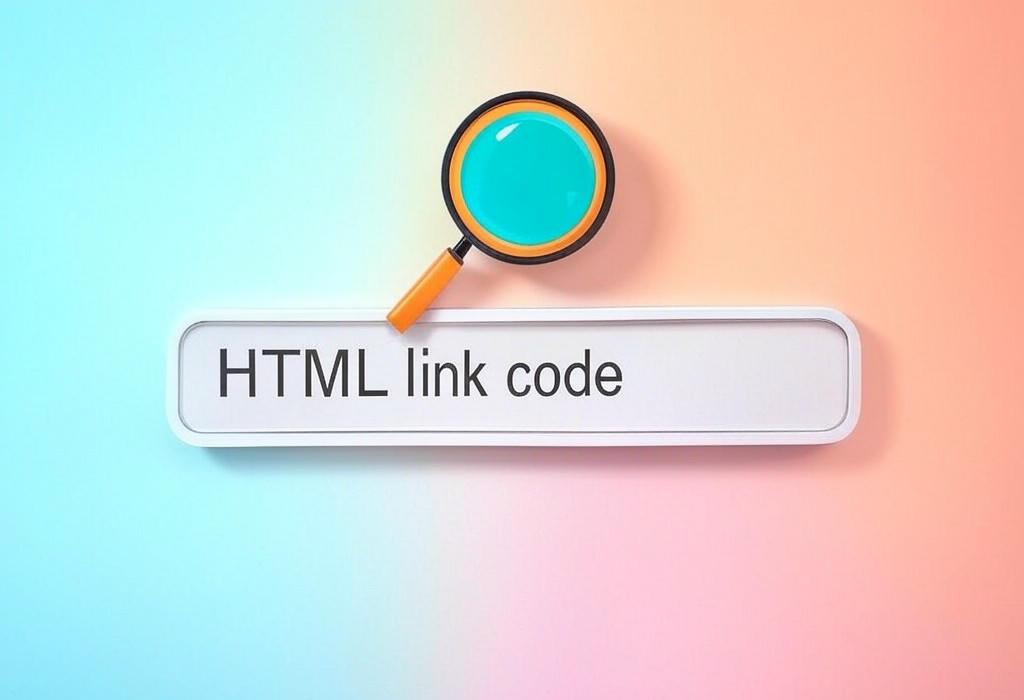 A search bar and a magnifying glass with a vivid gradient background exploring the topic of HTML link code demystified! Learn to craft perfect hyperlinks in seconds. From basic tags to advanced tricks, this easy guide has everything you need to supercharge your website.