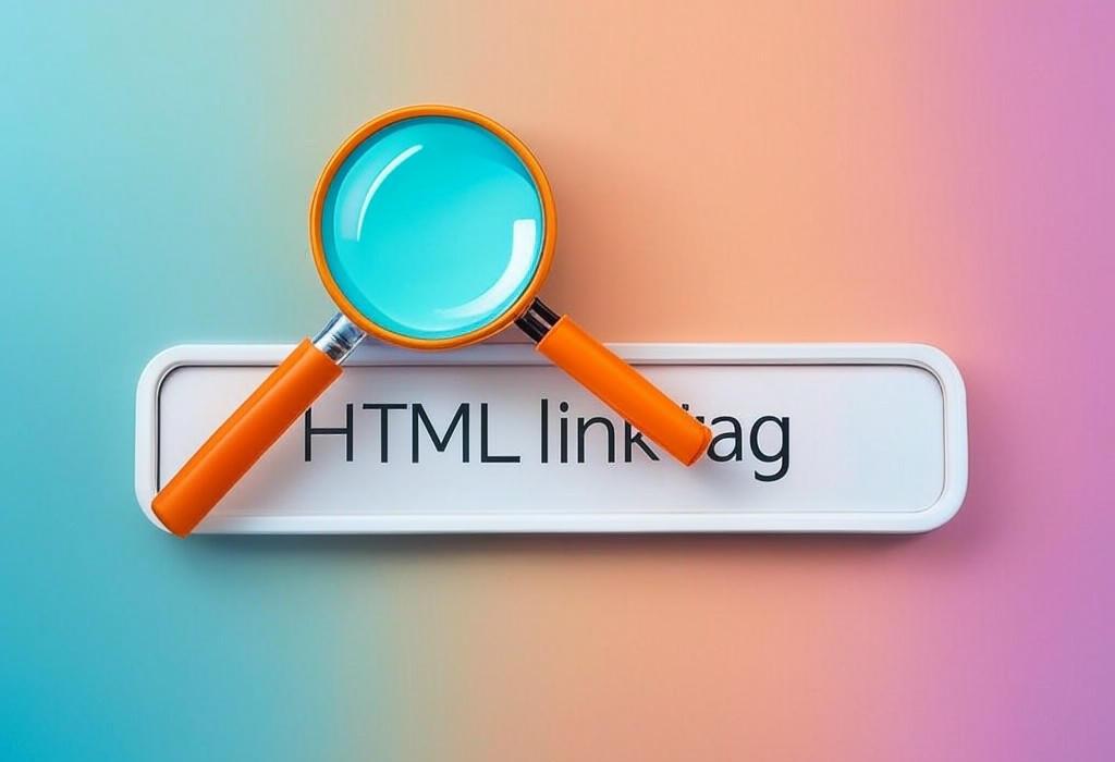 A search bar and a magnifying glass with a vivid gradient background exploring the topic of HTML link tag: Master the essential connector that powers the web! Discover how to create perfect hyperlinks, boost your SEO, and enhance user navigation with simple code snippets anyone can learn.