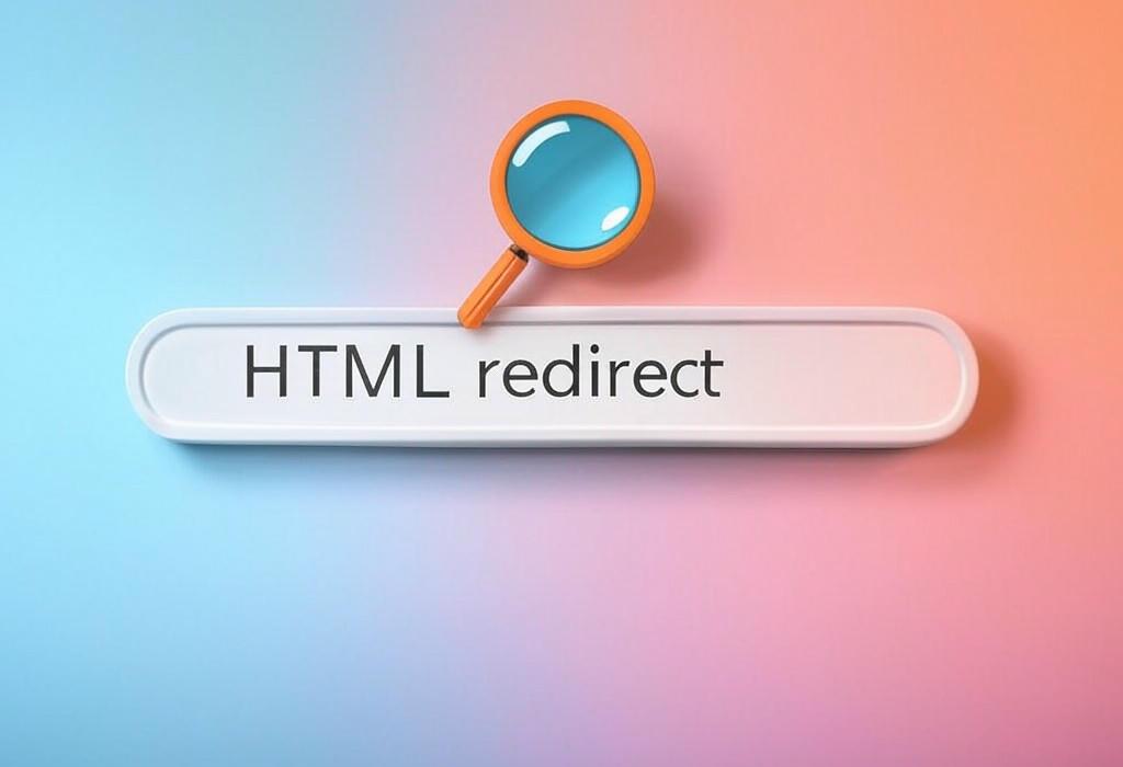 A search bar and a magnifying glass with a vivid gradient background exploring the topic of HTML redirect secrets revealed! Discover how to seamlessly transfer visitors to new pages without losing traffic or rankings. Master this essential web technique in minutes.