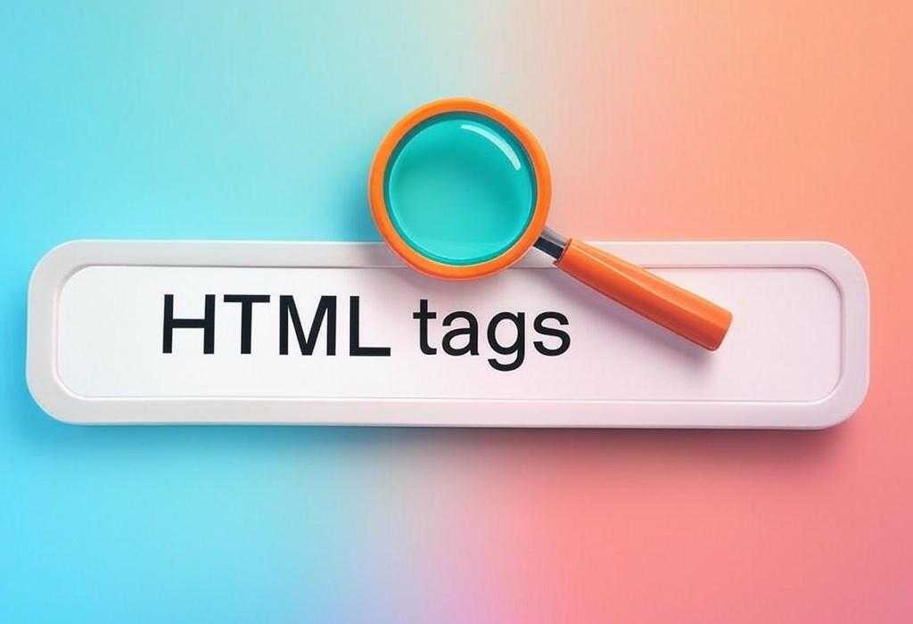 A search bar and a magnifying glass with a vivid gradient background exploring the topic of HTML tags: Unlock the secret language of web pages! Discover the essential building blocks that transform plain text into stunning websites. Learn how to code like a pro and create magic online.