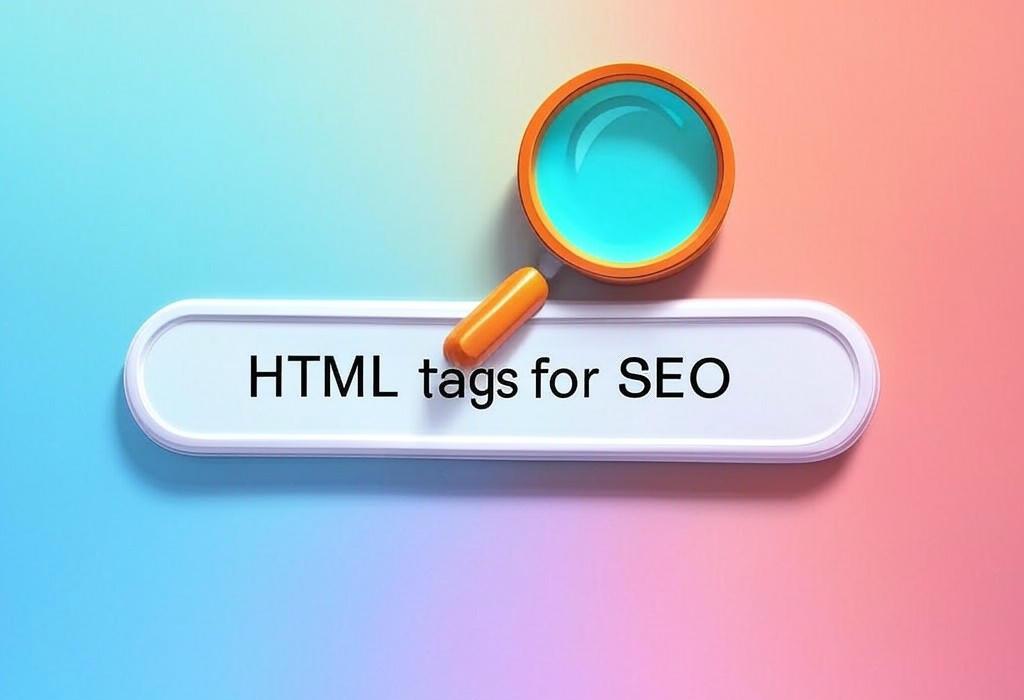 A search bar and a magnifying glass with a vivid gradient background exploring the topic of Discover HTML tags for SEO that skyrocket your rankings! Learn which tags search engines love and how to implement them for maximum visibility. Don't miss these game-changing optimization secrets!