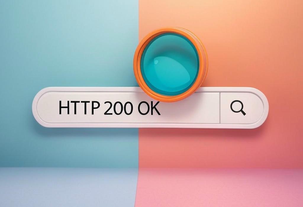 A search bar and a magnifying glass with a vivid gradient background exploring the topic of HTTP 200 OK means your website is working perfectly! Discover why this status code is the gold standard for web success and learn how to maintain it for better SEO and user experience.