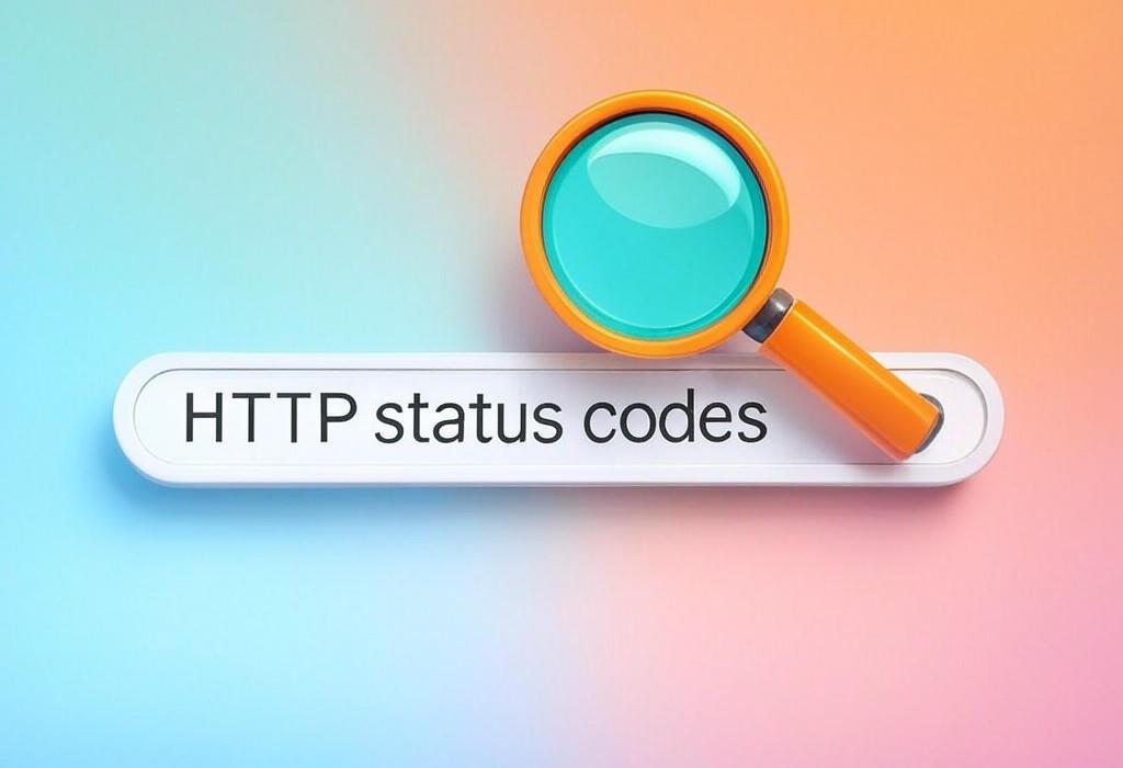 A search bar and a magnifying glass with a vivid gradient background exploring the topic of HTTP status codes decoded: Unlock the secret language of web responses! Discover what these mysterious numbers mean and fix website errors before they cost you visitors and sales.