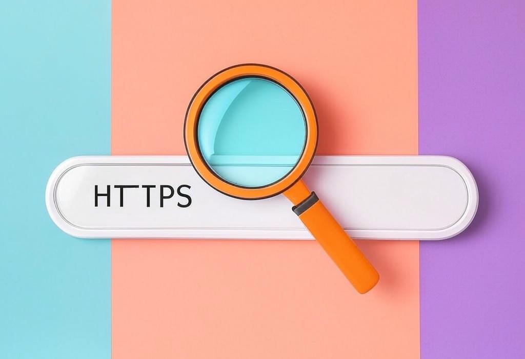 A search bar and a magnifying glass with a vivid gradient background exploring the topic of HTTPS: The essential online security upgrade that protects your data and boosts your search rankings. Discover why switching from HTTP could be the smartest move for your website's success.