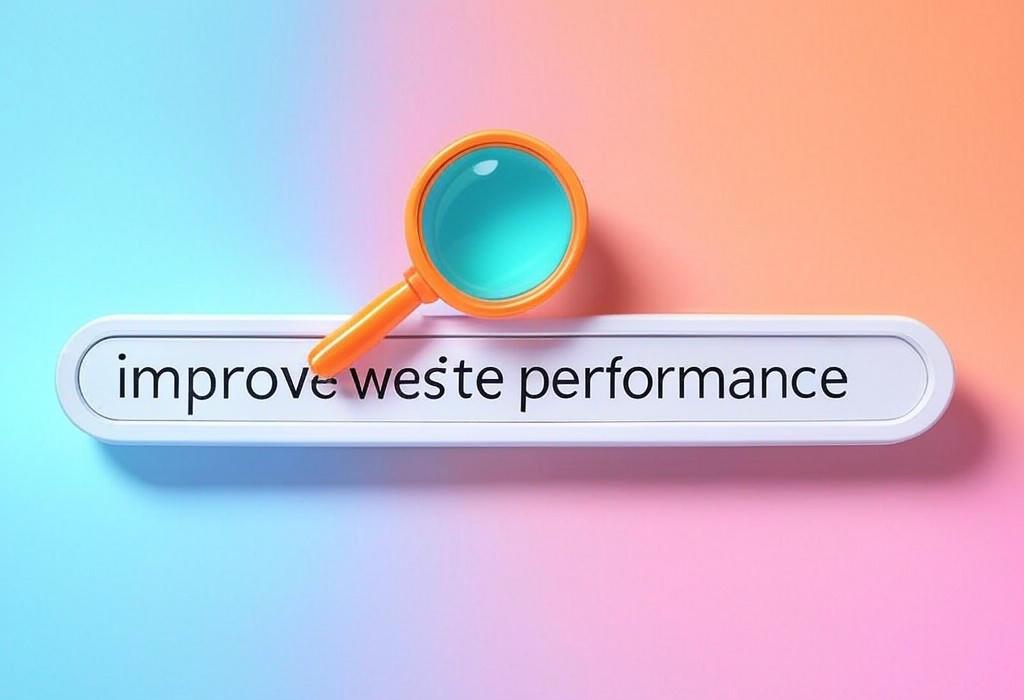 A search bar and a magnifying glass with a vivid gradient background exploring the topic of Improve website performance instantly with our proven tips and boost your page speed, conversions, and rankings. Say goodbye to slow load times and hello to happy visitors!