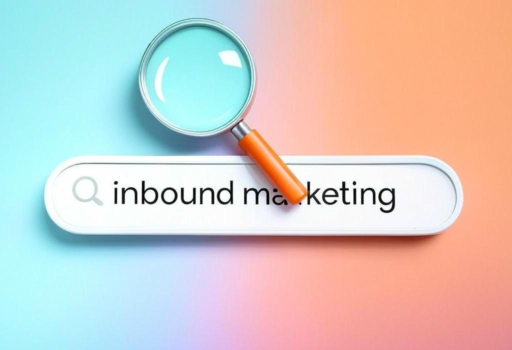 A search bar and a magnifying glass with a vivid gradient background exploring the topic of Inbound marketing attracts customers by creating valuable content they actually want. Discover how to boost your business without pushy sales tactics. Get more leads that convert!