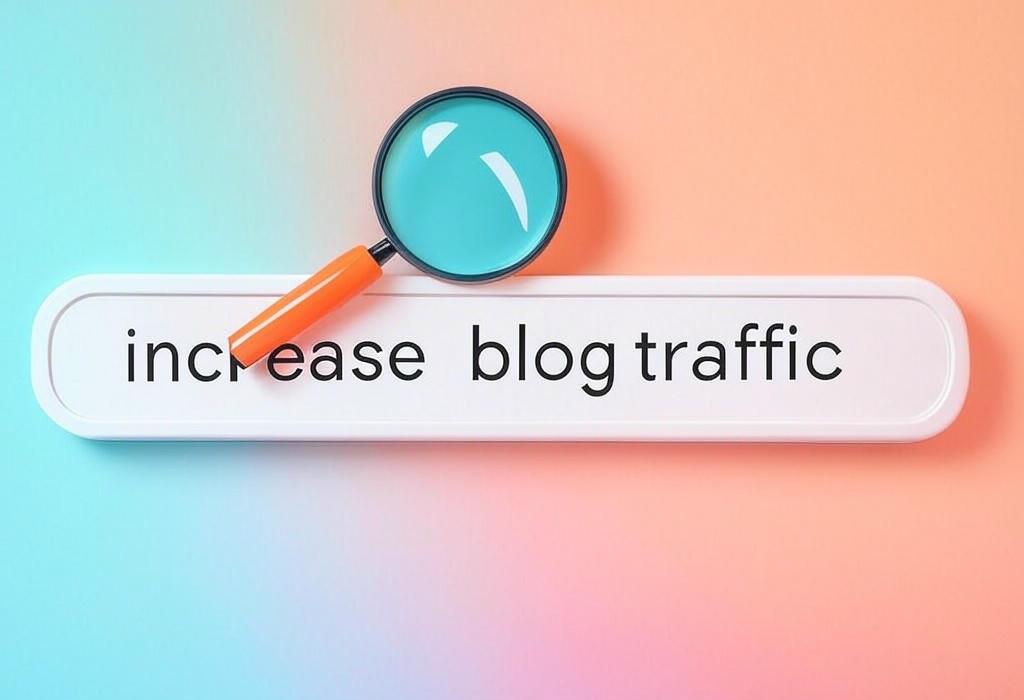 A search bar and a magnifying glass with a vivid gradient background exploring the topic of Increase blog traffic with proven strategies that won't break the bank! Discover actionable tips to attract readers, boost engagement, and watch your audience grow. Ready for more clicks?