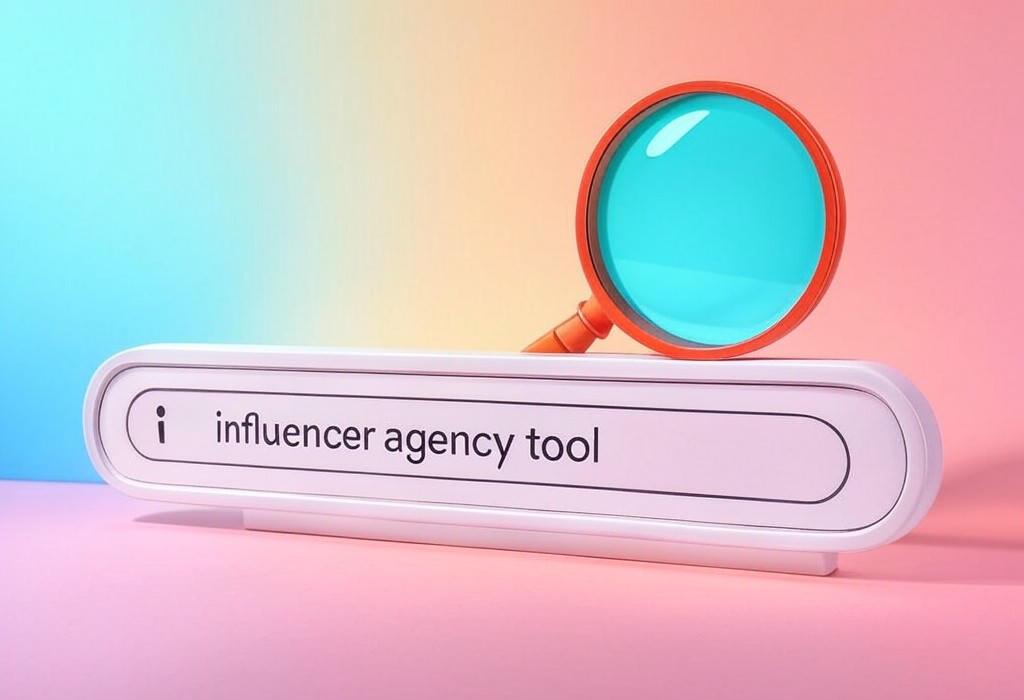 A search bar and a magnifying glass with a vivid gradient background exploring the topic of Discover the influencer agency tool that transforms your marketing strategy! Find perfect partnerships, track ROI, and boost engagement with this all-in-one solution. Why struggle with manual outreach?