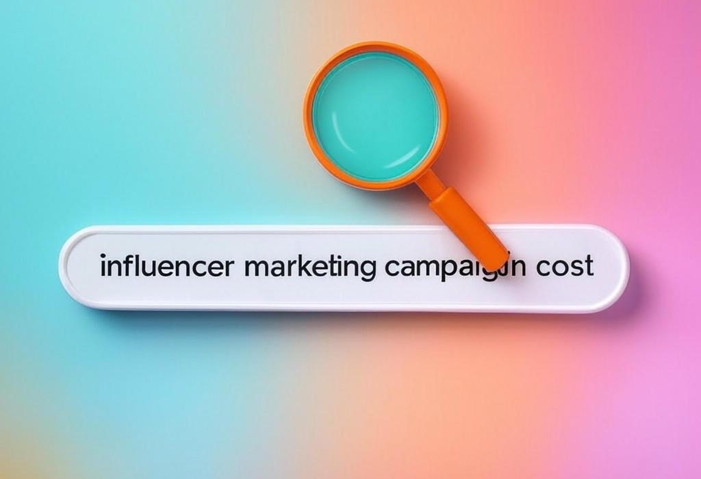 A search bar and a magnifying glass with a vivid gradient background exploring the topic of Influencer marketing campaign costs revealed! Discover what you'll really pay, from micro to mega influencers. Get insider pricing tips to maximize ROI without breaking the bank.