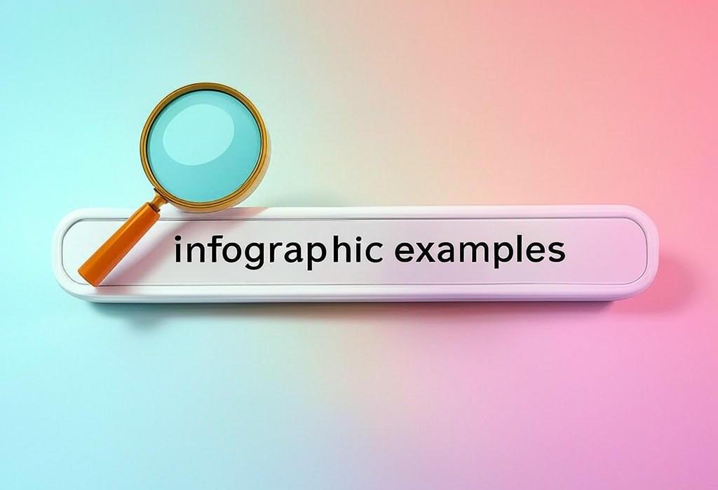 A search bar and a magnifying glass with a vivid gradient background exploring the topic of Infographic examples that'll blow your mind! Discover stunning visuals that transform complex data into eye-catching stories. Get inspired and create your own masterpiece today.